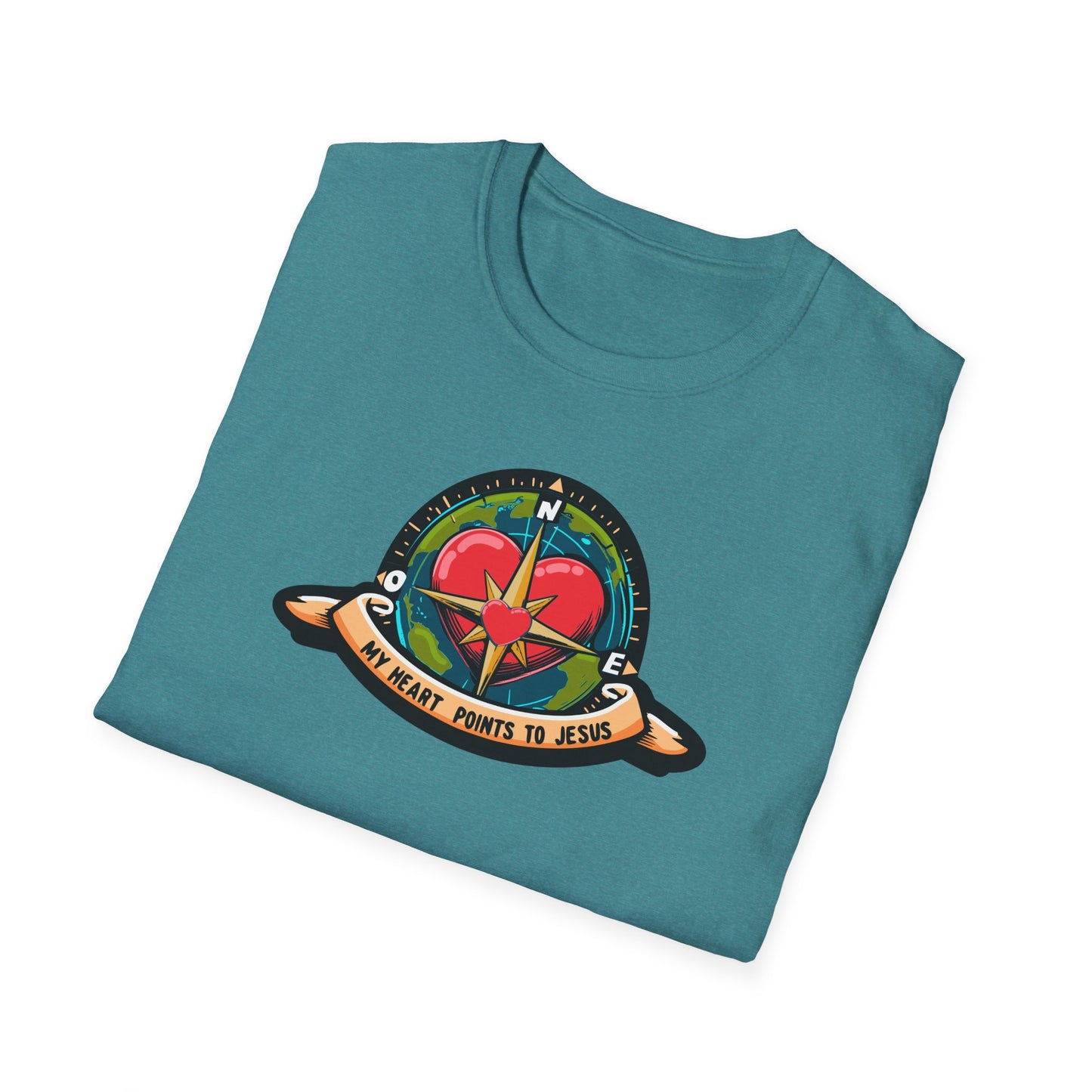 True North VBS Uplifting Compass Front Only Unisex Softstyle T-Shirt - My Heart Points to Jesus!