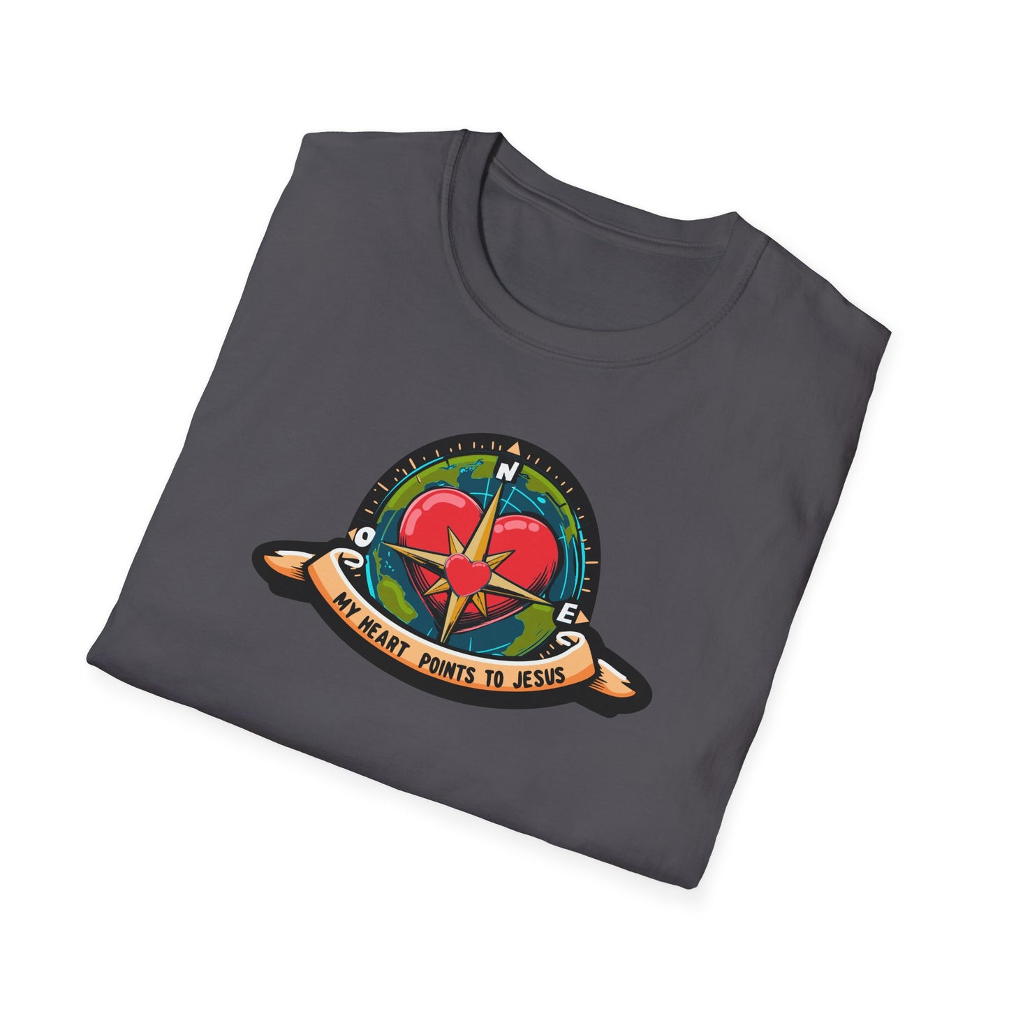 True North VBS Uplifting Compass Front Only Unisex Softstyle T-Shirt - My Heart Points to Jesus!