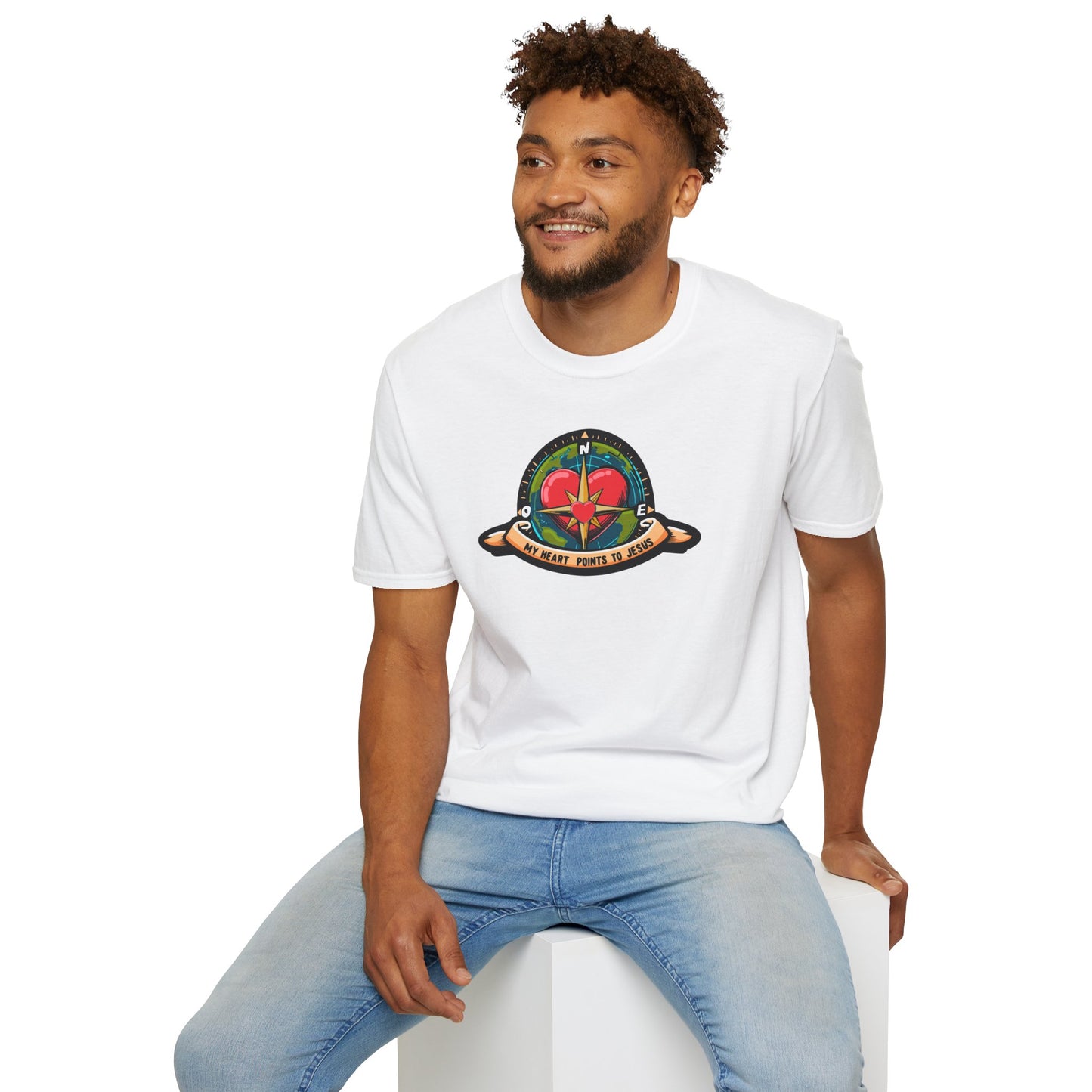 True North VBS Uplifting Compass Front Only Unisex Softstyle T-Shirt - My Heart Points to Jesus!