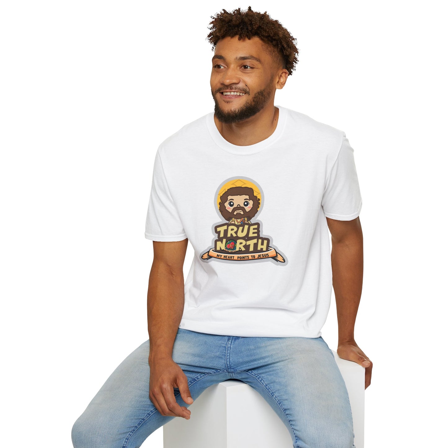 True North VBS Uplifting Lil Jesus Explorer True North Unisex Softstyle T-Shirt - My Heart Points to Jesus!