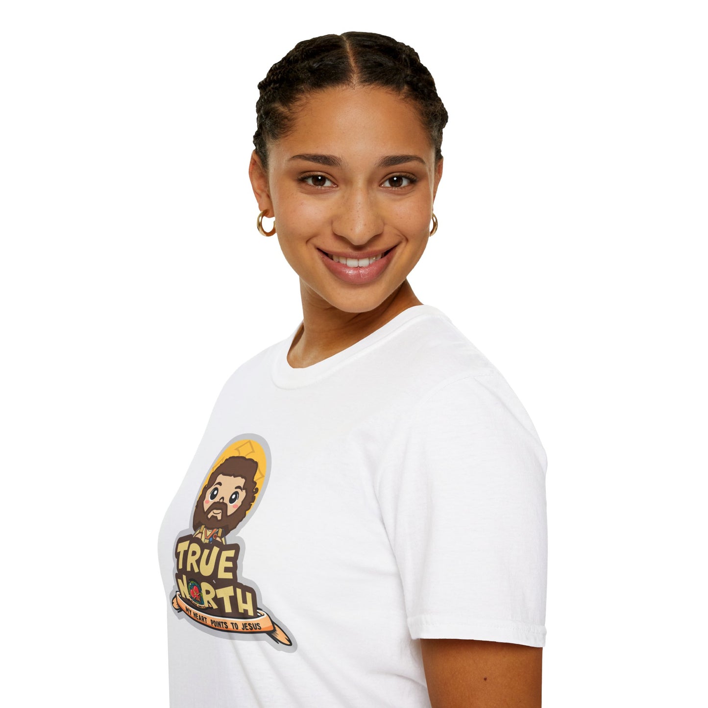 True North VBS Uplifting Lil Jesus Explorer True North Unisex Softstyle T-Shirt - My Heart Points to Jesus!