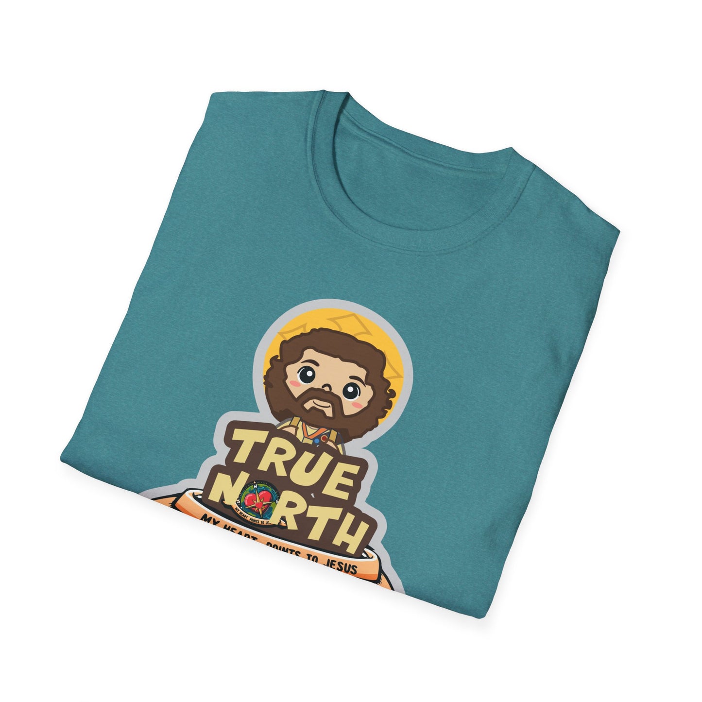 True North VBS Uplifting Lil Jesus Explorer True North Unisex Softstyle T-Shirt - My Heart Points to Jesus!