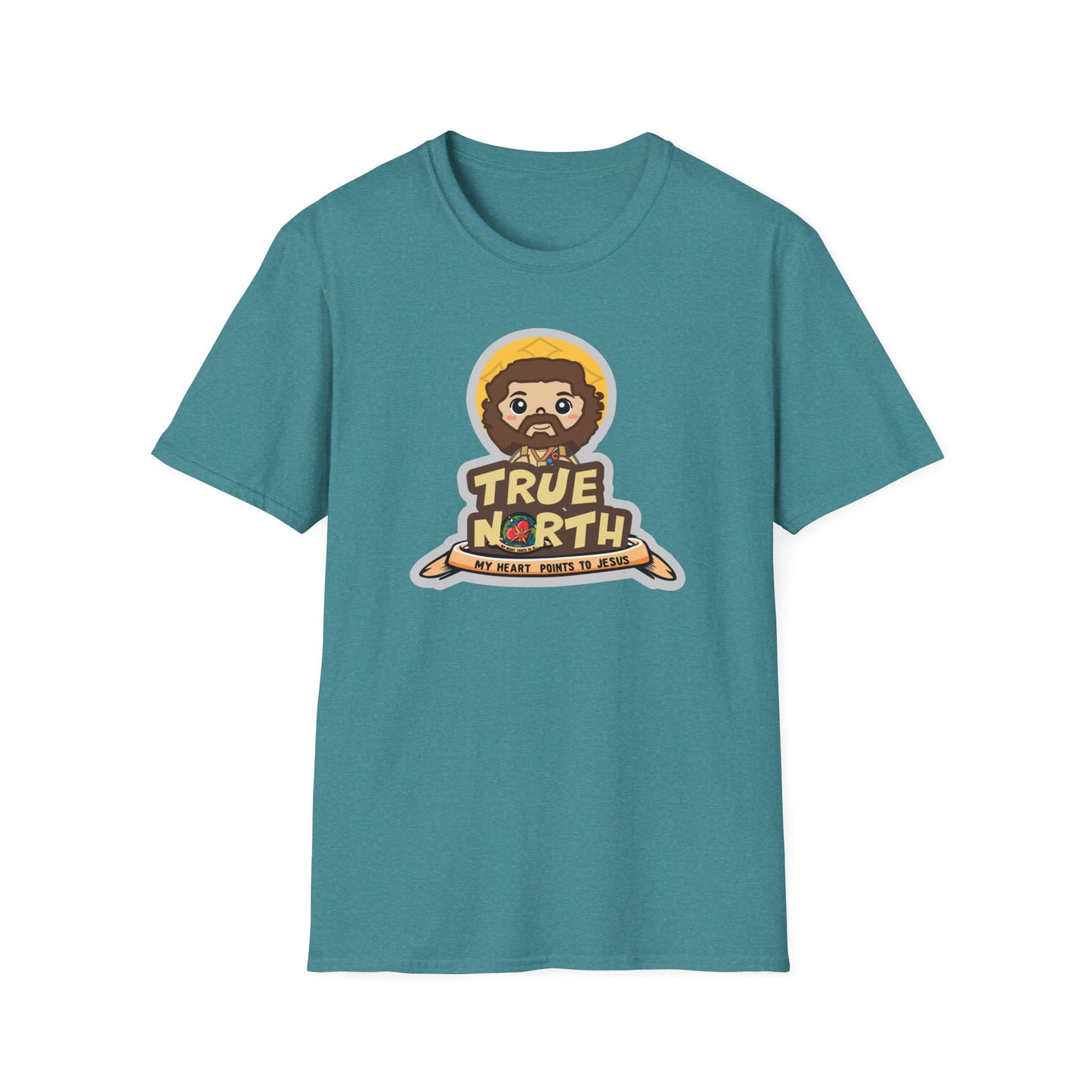 True North VBS Uplifting Lil Jesus Explorer True North Unisex Softstyle T-Shirt - My Heart Points to Jesus!