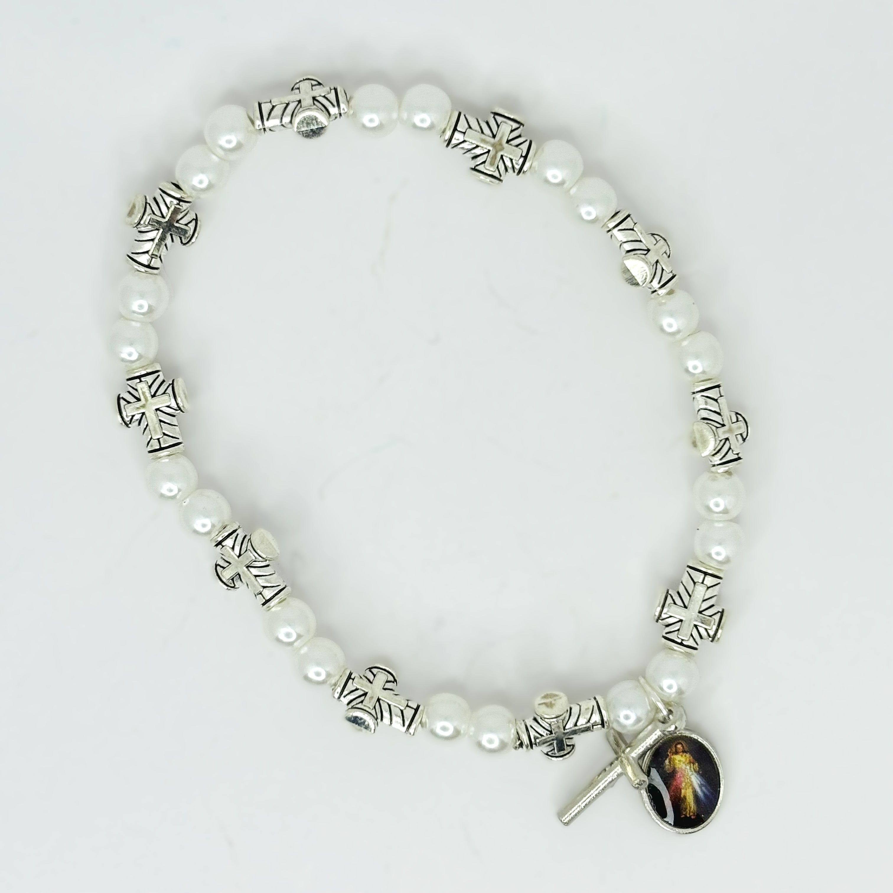 Uplifting Lil Saints Luminous pear-llike acrylic beads Bracelet with Crucifixs and charm (Divine Mercy and Our Lady of Medugorje.