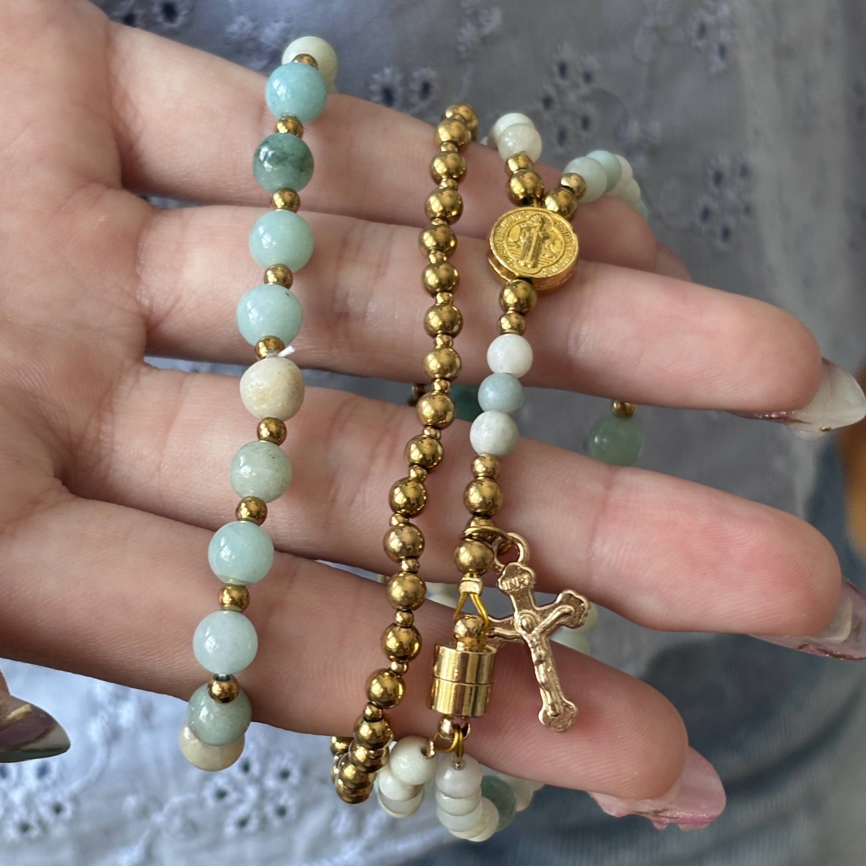 Rosary Bracelet with Natural Gemstone and Secure Magnetic Clasp, Perfect Gift for First Communion, Confirmation, and Sacraments