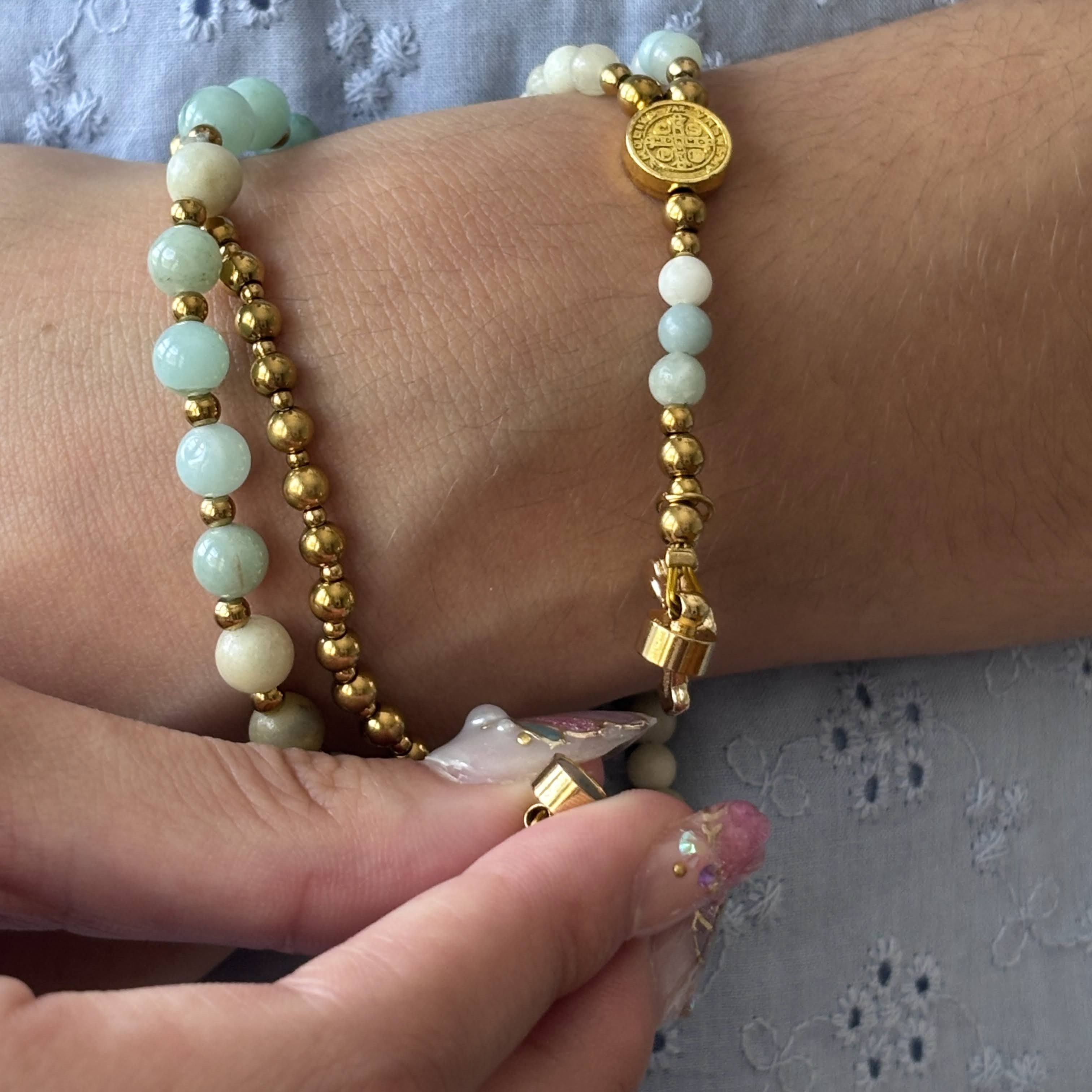 Rosary Bracelet with Natural Gemstone and Secure Magnetic Clasp, Perfect Gift for First Communion, Confirmation, and Sacraments