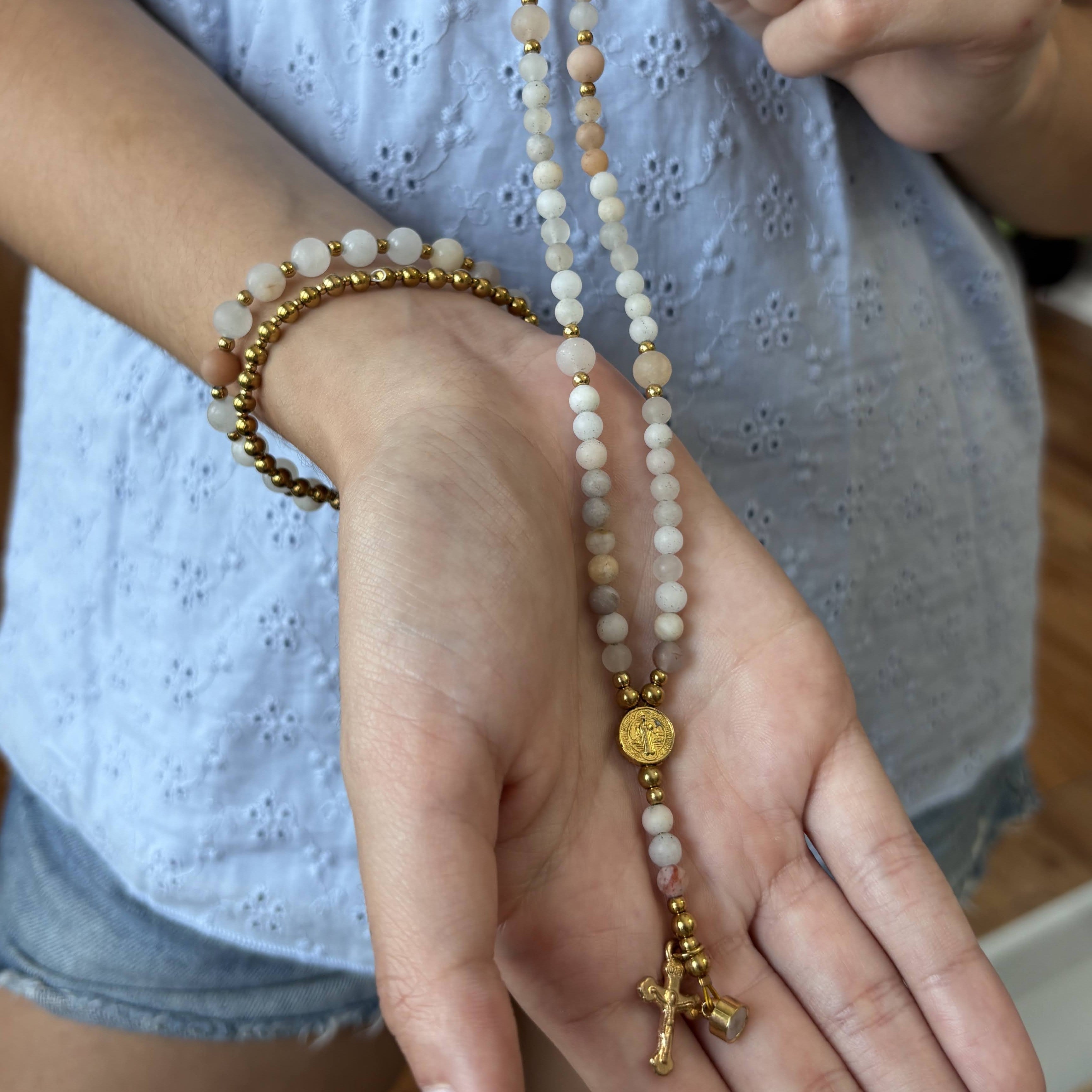 Rosary Bracelet with Natural Gemstone and Secure Magnetic Clasp, Perfect Gift for First Communion, Confirmation, and Sacraments