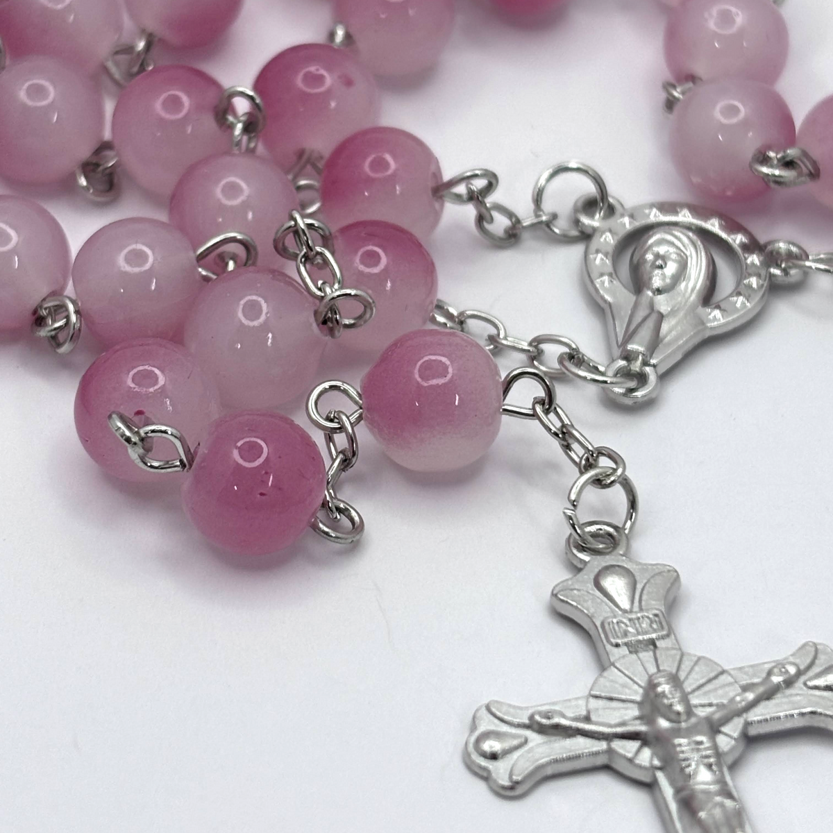 Religious Silver Plated Crucifix Rosary  with Pink Crystal Beads & Virgin Mary Medal