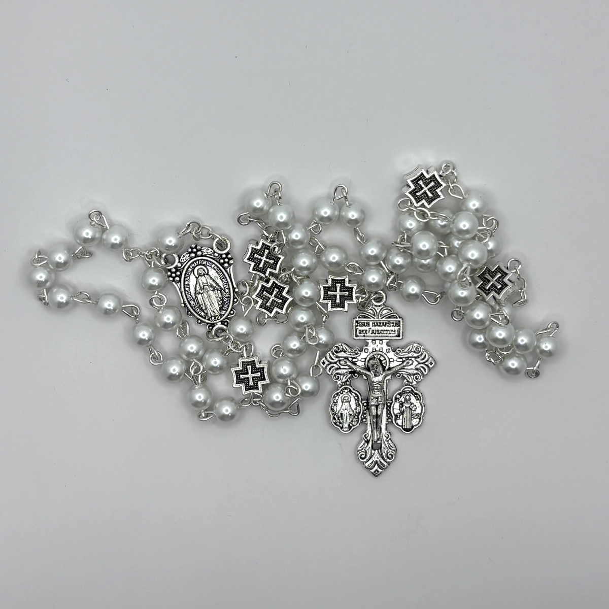 Miraculous Medal Rosary, Glass Pearl beads and Cross decade Beads