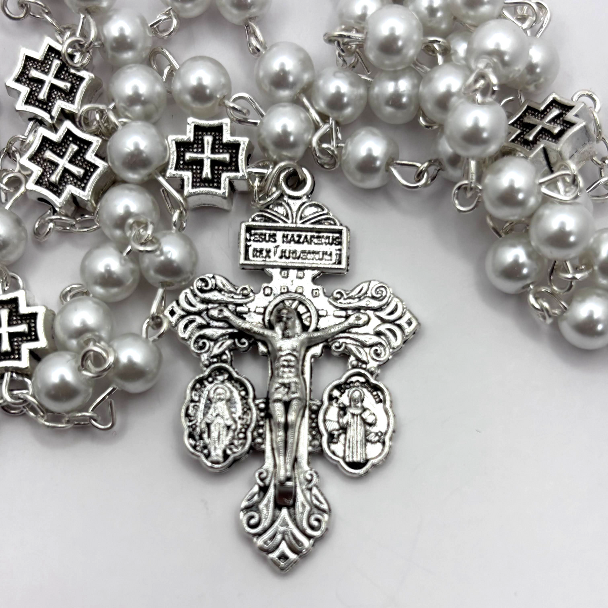 Miraculous Medal Rosary, Glass Pearl beads and Cross decade Beads