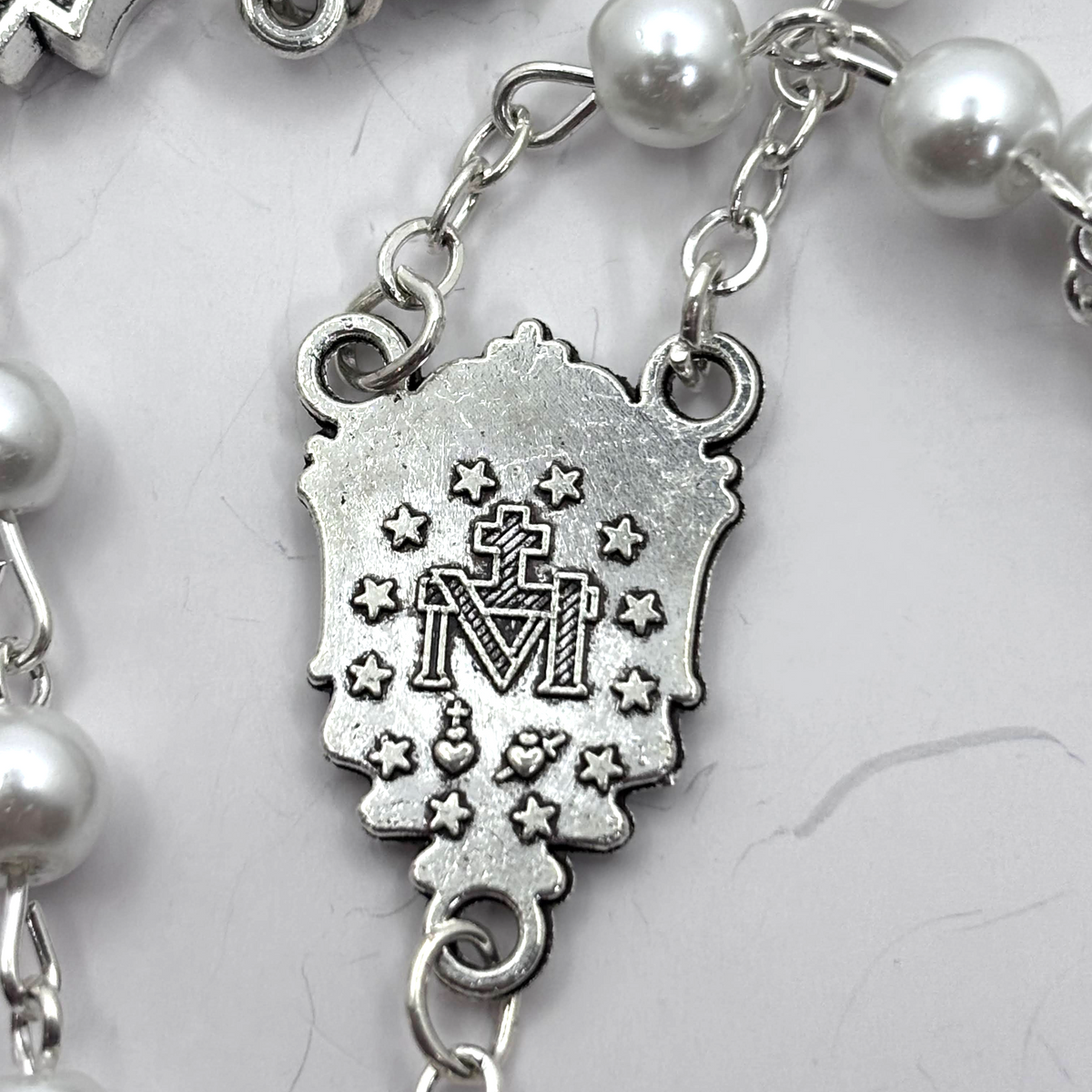 Miraculous Medal Rosary, Glass Pearl beads and Cross decade Beads