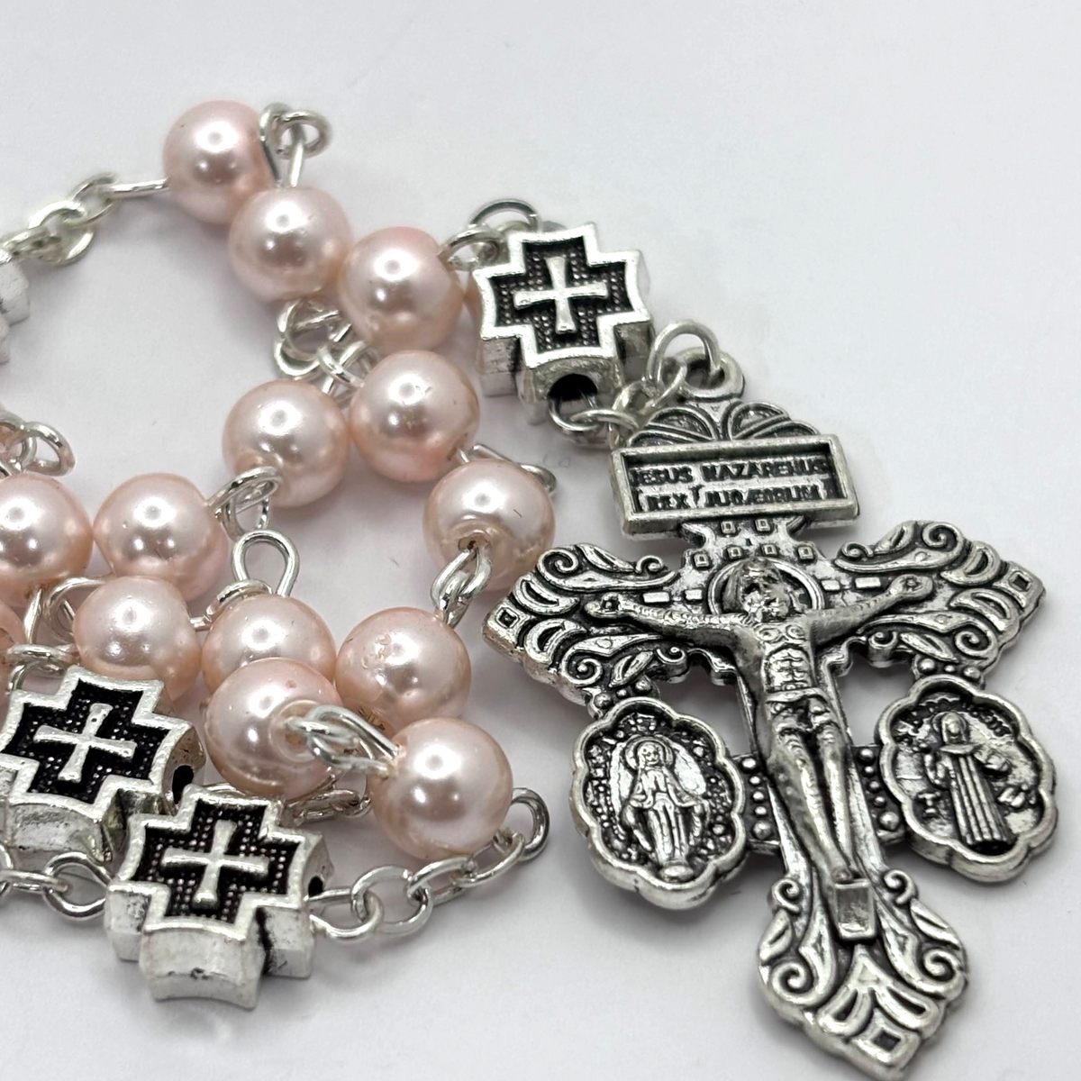 Miraculous Medal Rosary, Glass Pearl beads and Cross decade Beads