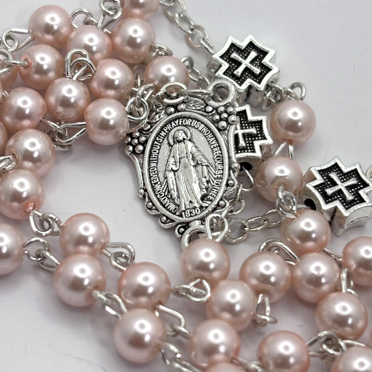 Miraculous Medal Rosary, Glass Pearl beads and Cross decade Beads