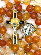 Rosary Uplifting Natural Rose Agate stone beads with a Beautiful enamel Crucifix