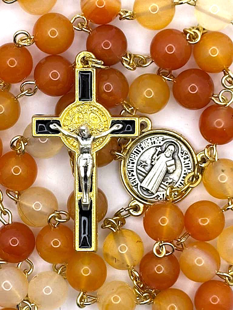 Rosary Uplifting Natural Rose Agate stone beads with a Beautiful enamel Crucifix