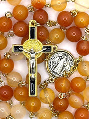 Rosary Uplifting Natural Rose Agate stone beads with a Beautiful enamel Crucifix