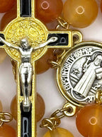 Rosary Uplifting Natural Rose Agate stone beads with a Beautiful enamel Crucifix