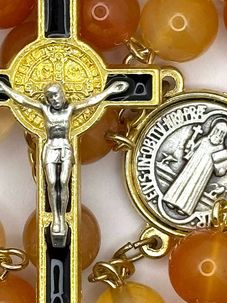 Rosary Uplifting Natural Rose Agate stone beads with a Beautiful enamel Crucifix