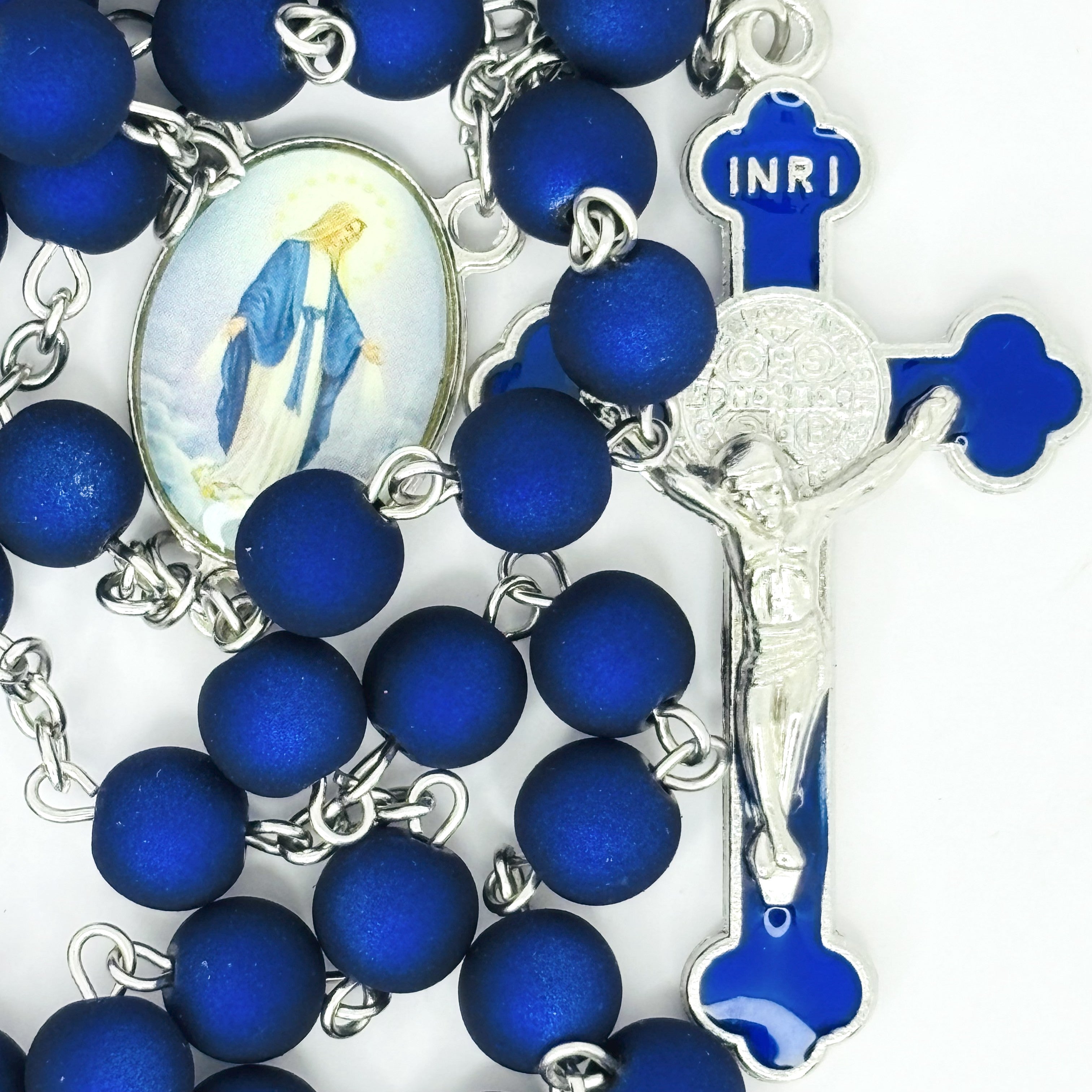 Rosary Uplifting frosted blue acrylic beads with a Beautiful enamel Crucifix