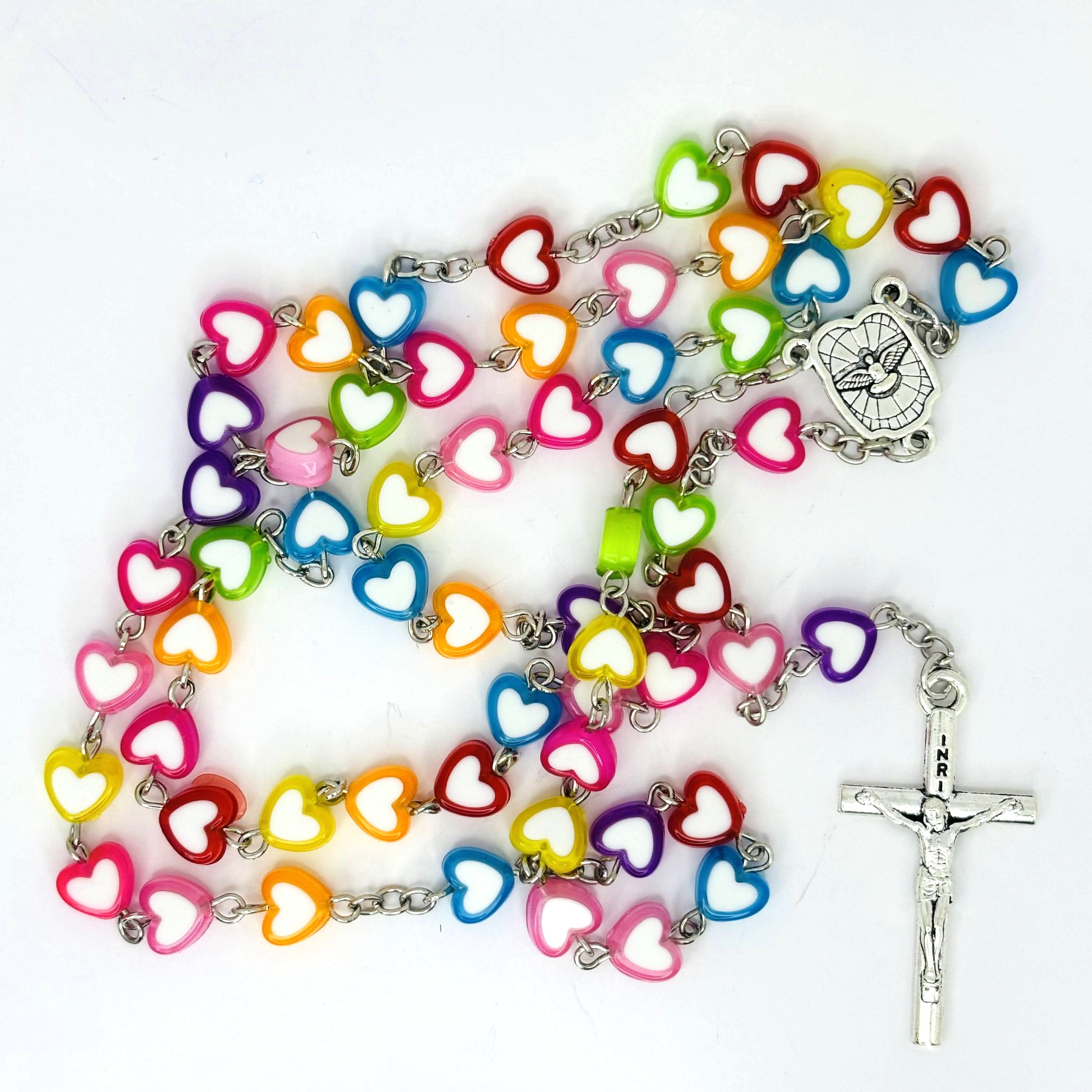 Rosary Uplifting Plastic Colorful Heart Shaped Beads Jesus Cross Pendant Prayer Rosary