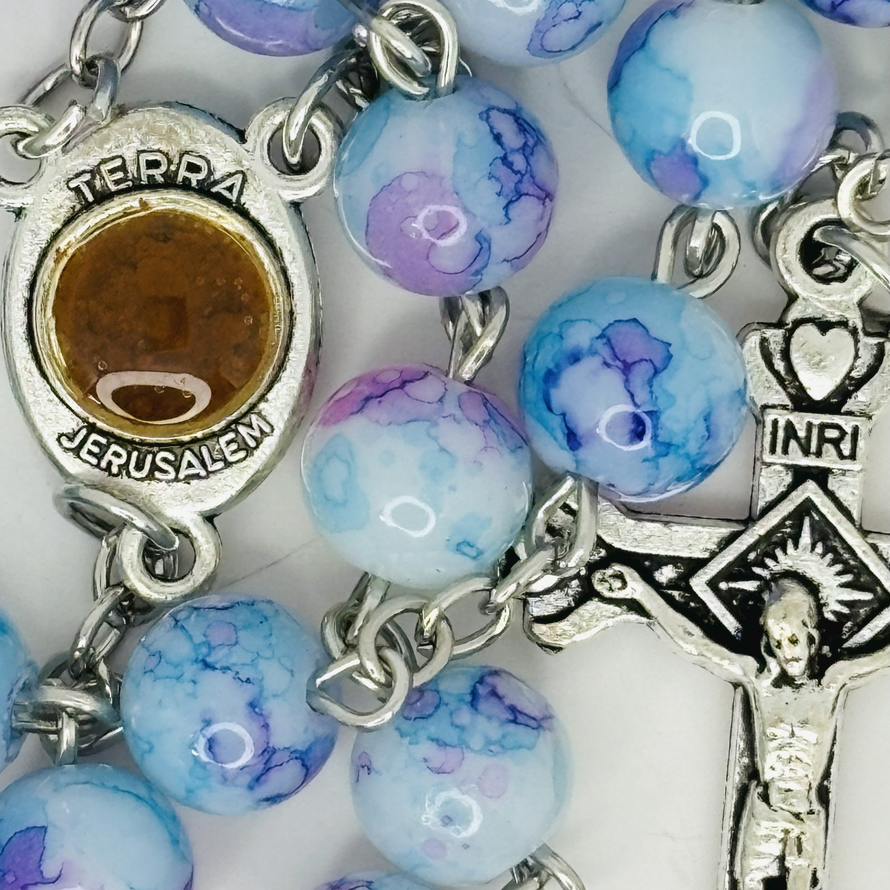 Rosary Uplifting  glass-like beads crafted from durable resin—silver-toned crucifix and Jerusalem medallion