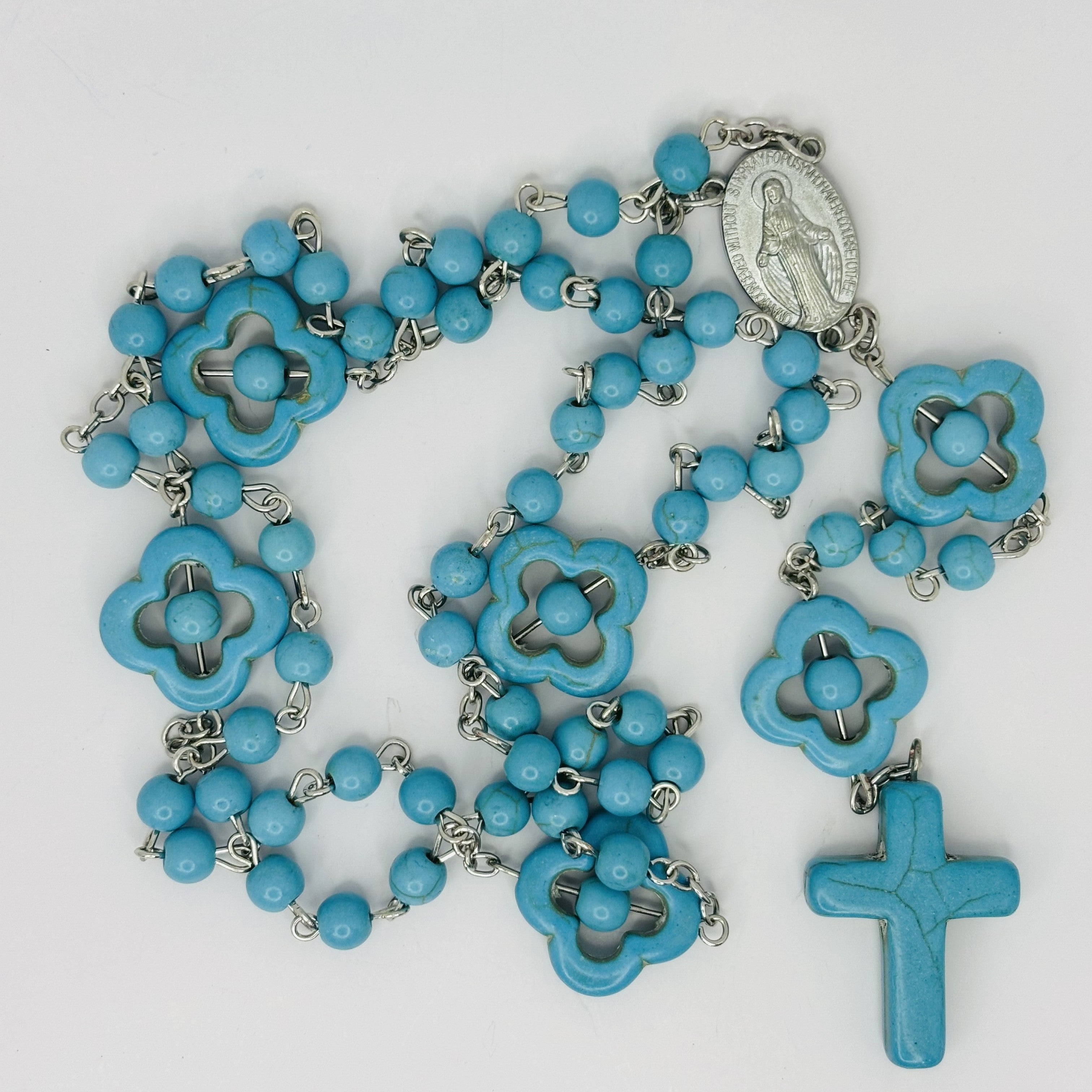 Rosary Uplifting Turquoise-colored-Stone-like Resin Beads and Cross Prayer Rosary
