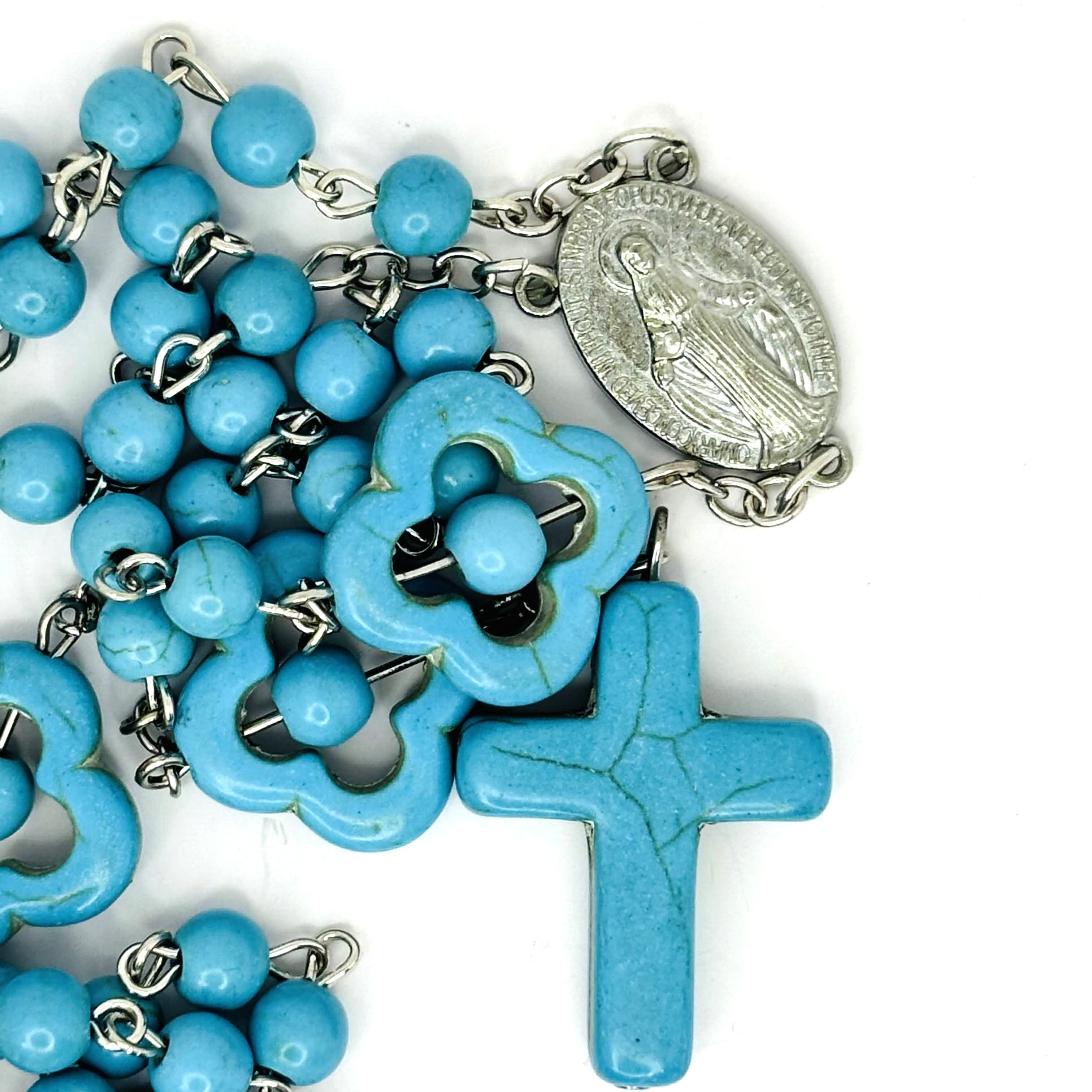 Rosary Uplifting Turquoise-colored-Stone-like Resin Beads and Cross Prayer Rosary